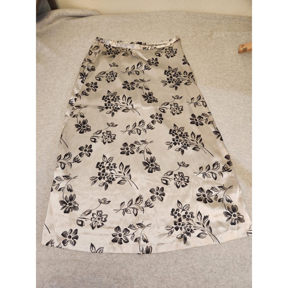 Laura Scott Skirt Womens 10 Beige Black Floral Satin A-Line Midi Lined Made‎ USA